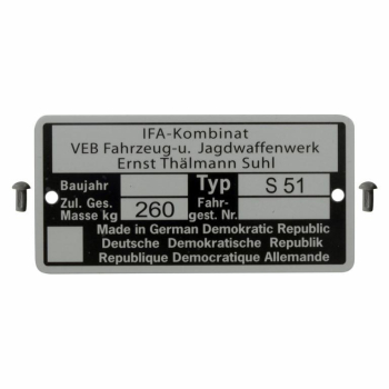 Set Rahmenplakette, Typenschild für S51 - mit 2x Kerbnagel Ø2,5x5mm