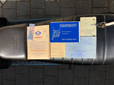 Simson SR50C - 1988 - 12V im seltenen polarblau metallic original Zustand mit Kindersitz - DDR Fahrzeugpapiere