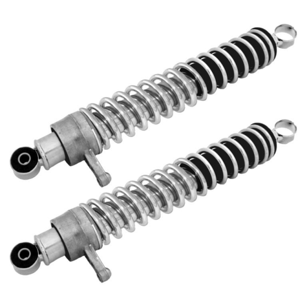 Federbeine Set, links + rechts, hinten - chrom u. Chromfeder ca. 38,5 cm