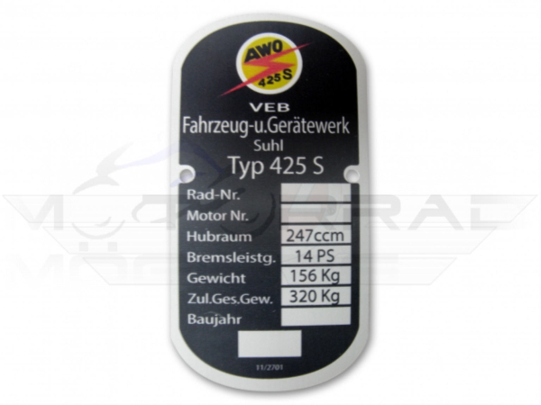 Typenschild (Rahmenplakette aus Alu) AWO 425S