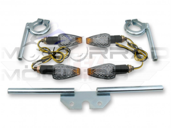 Blinker Set LED "mini" weiß (4 Stück) mit Gewinde M8x1,25 + Blinkerträgern 2x vorn u. 1x hinten