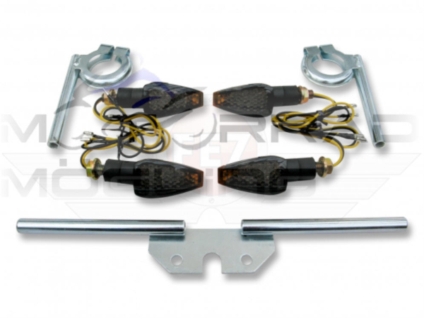 Blinker Set LED "mini" abgedunkelt (4 Stück) mit Gewinde M8x1,25 + Blinkerträgern 2x vorn u. 1x hinten
