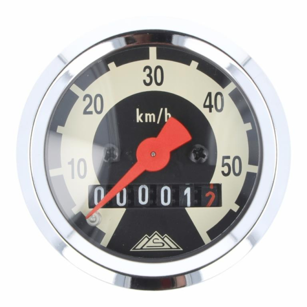 Tachometer Ø48mm - 60km/h-Version - Skale schwarz/ hellelfenbein, Tachoglas gewölbt, Chromring