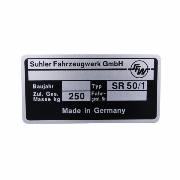 Typenschild SR50/1 - Suhler Fahrzeugwerk GmbH