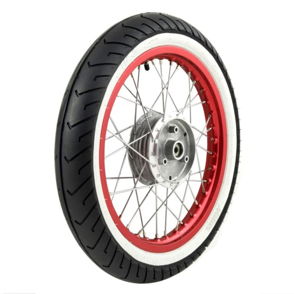 Komplettrad Alufelge rot eloxiert + Weißwandreifen