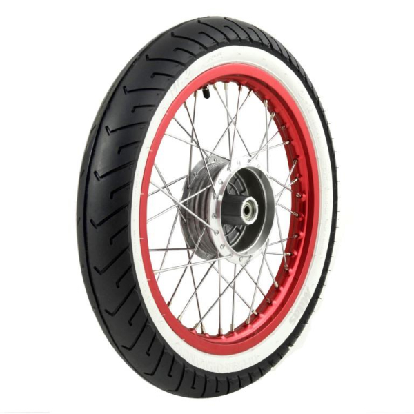 Komplettrad Alufelge rot eloxiert + Weißwandreifen