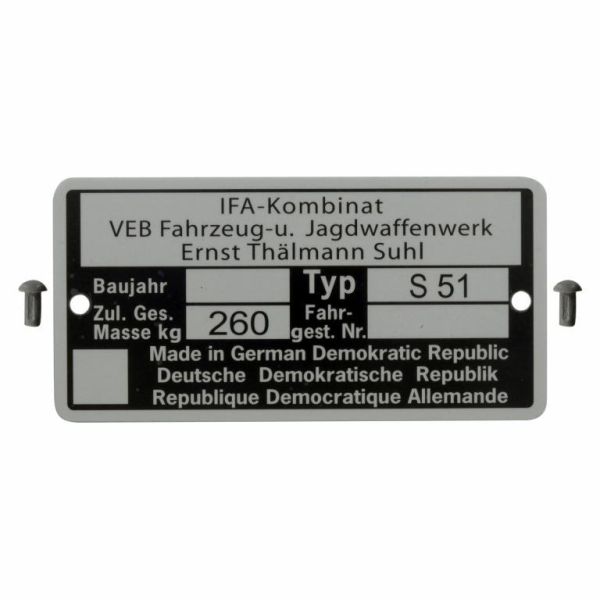 Set Rahmenplakette, Typenschild für S51 - mit 2x Kerbnagel Ø2,5x5mm
