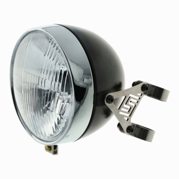 Komplettscheinwerfer HS1, 8706.19/10, „Café Racer“ schwarz, chrom Lampenring, Edelstahlhalter