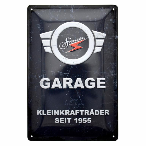 Blechprägeschild 20x30 cm, grau/weiß, Motiv: SIMSON-Garage